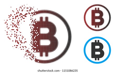 Vector Bitcoin rounded icon in dispersed, dotted halftone and undamaged entire variants. Disappearing effect involves rectangular dots and horizontal gradient from red to black.