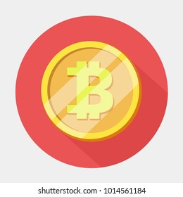 Vector of bitcoin sign flat icon with long shadow on red background