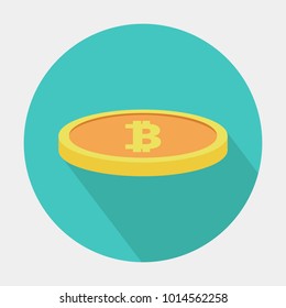 Vector of bitcoin sign flat icon with long shadow on blue background