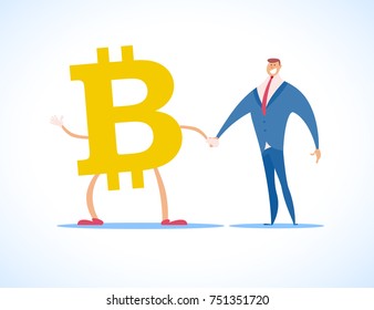 Vector bitcoin and successful businessman flat illustration isolated on white background. Cryptocurrency golden symbol. Digital money emblem, golden coin with bitcoin symbol design. 