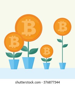 Vector Bitcoin symbol with flower growing. cryptography illustration