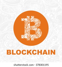 Vector Bitcoin symbol and letters blockchain on gray decorative seamless background. cryptography illustration 