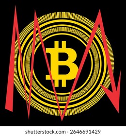 Vetor de símbolo Bitcoin com linha de queda vermelha e padrões de tecnologia circulares. Representa falha de criptografia, volatilidade de preço e risco de mercado. Artefato de conceito financeiro arrojado.