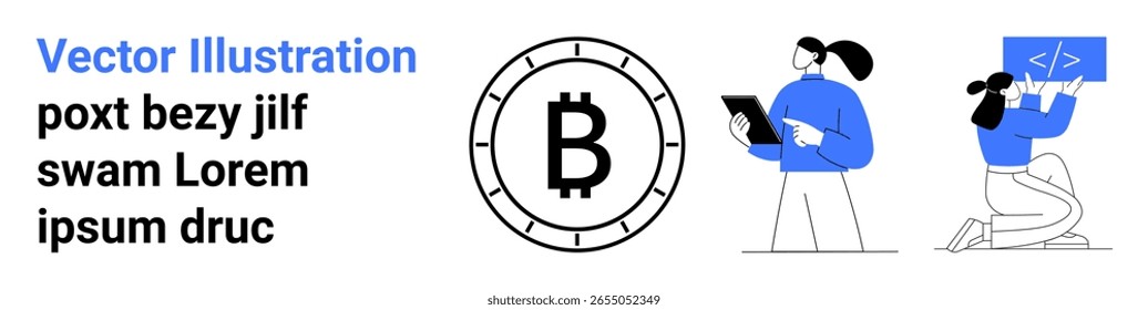 Símbolo Bitcoin vetorial, duas pessoas trabalhando em tablets e laptops, espaço reservado para texto. Ideal para criptomoeda, tecnologia, finanças, economia digital, blockchain, tutoriais de codificação, fintech. Página inicial