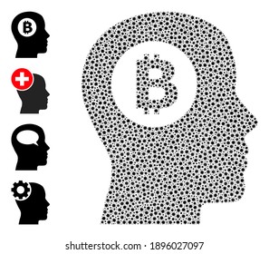 Vector bitcoin thinking icon covid-2019 collage. Bitcoin thinking mosaic is made of tiny covid infection elements. Collage is organized for hospital purposes.