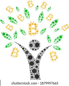 Vector bitcoin tree man coronavirus mosaic icon combined for clinic applications. Bitcoin tree man mosaic is created from random coronavirus pathogen elements.