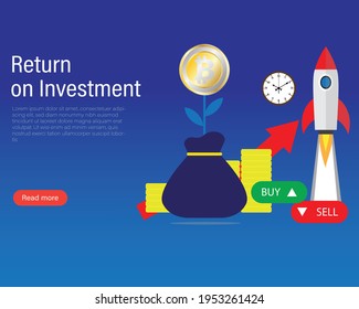 A vector of Bitcoin in tree shape, bag, clock, coin, graph and rocket as return on investment concept. Trading bitcoin is starting giving high return to investor.