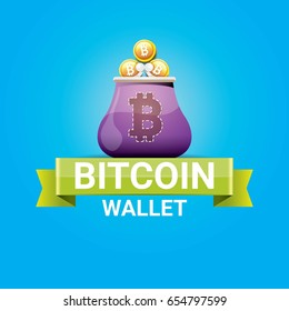vector bitcoin wallet label with coins isolated on blue background.