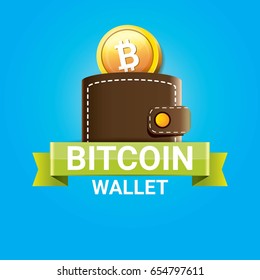 vector bitcoin wallet label with coins isolated on blue background.