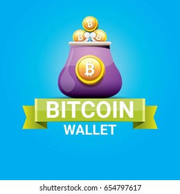 vector bitcoin wallet label with coins isolated on blue background.