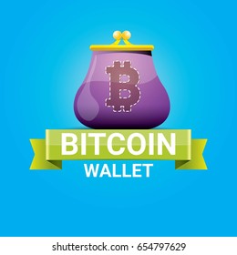 vector bitcoin wallet label with coins isolated on blue background.