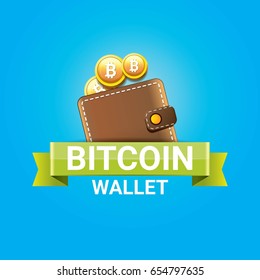 vector bitcoin wallet label with coins isolated on blue background.