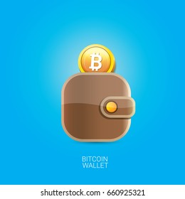 vector bitcoin wallet label with coins isolated on blue background.