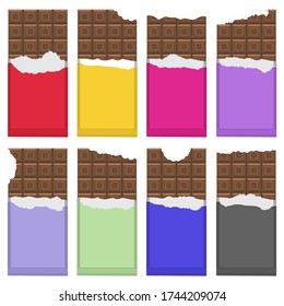 Vector Bitten Milk Brown Chocolate Bar Pattern. Sweet Food Set.