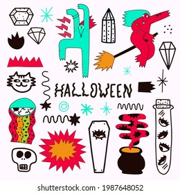 vector bizarre halloween sticker collection.Quirky hand drawn style.Modern magic and feminist witches.magical witch, eye, fire, potion, crystals.Spiritual groove funky patches.punk tattoo templates