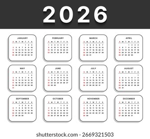 Vector Black 2026 Year Calendar Printable Template