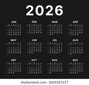 Vector Negro 2026 Año Calendario Plantilla Imprimible