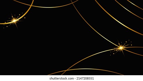 Fondo abstracto vectorial negro. Fondo oscuro con líneas delgadas doradas y resplandor. Fondo abstracto horizontal negro.