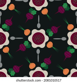 Vector black abstract geometric borscht Eastern European food seamless pattern. Playful, bold and funny. Perfect for fabric, wallpaper, scrapbooking and stationery. Surface pattern design.