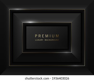 Vector black abstract rectangular luxury frame. Premium label dark design faceted background. Golden line frame. Tech layered border