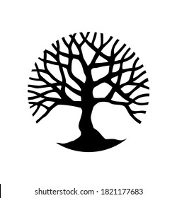 Ilustración de dibujo de silueta de árbol de círculo redondo abstracto vectorial en negro aislado en fondo blanco.Árbol de vida.Diseño de símbolo del logotipo de árbol familiar.Impresión de camisetas.Decal de pegatinas de pared de vinilo.