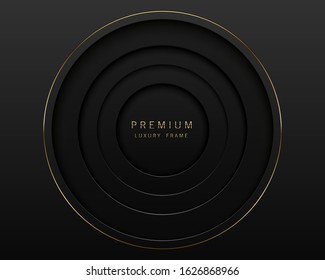 Vector black abstract round paper cut luxury frame. Premium label dark design background. Golden line frame. Papercut layered border