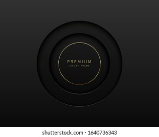 Vector black abstract round paper cut luxury frame. Premium label dark design background. Golden line frame. Papercut layered border