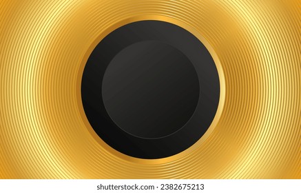 Vector black abstract round paper cut luxury frame on Golden concentric circles pattern background. Concentric circle shapes. 3d backdrop. Futuristic sound wave effect. Elegant cover template. Vector.