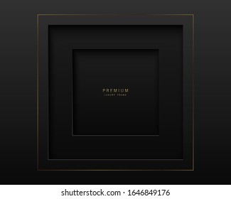 Vector black abstract square paper cut luxury frame. Premium label dark design background. Golden line frame. Papercut layered border