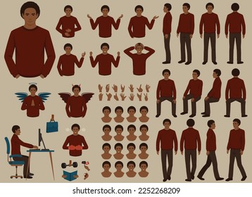 Vector black african man character casual poses set in flat style. Full length, gestures, emotions, front, side, back view.