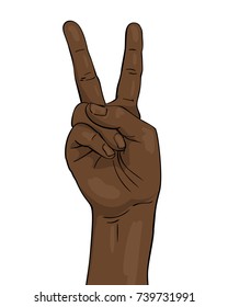 Vector black afro hand shows victory sign Two fingers, Illustration in sketch retro style isolated on white background