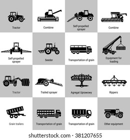 Vector Black Agricultural Transport Icons Set On White. Agricultural Machinery Collection - Vector. Illustration Of Growing And Harvesting Crops. Equipment For Agriculture.