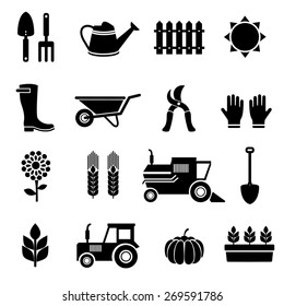 Vector black agriculture and gardening icons set