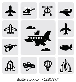 vector black airplane icon set on gray