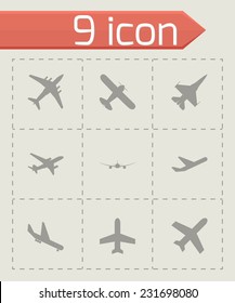Vector black airplane icon set grey background