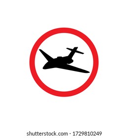 Vector black airplane plane silhouette in red circle isolated on white background. Coronavirus pandemic quarantine no flight permission