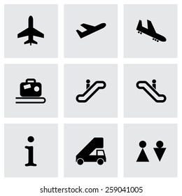 Vector black airport icon set on grey background.