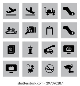 Vector black airport icon set on grey background