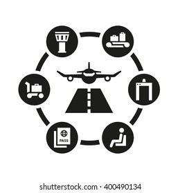 Vector black airport icon set. Universal airport and air travel icons