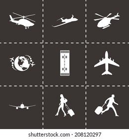 Vector black airport icons set on black background
