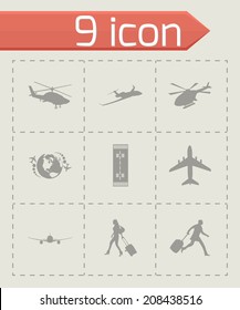 Vector black airport icons set on grey background