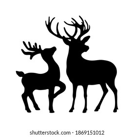 Vector black all body deer stag reindeer with antlers.Outline silhouette stencil drawing illustration isolated on white background .Sticker.T shirt print.Plotter Cutting. Laser cut. Christmas decor