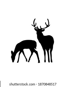 Vector black all body deer stag reindeer with antlers.Outline silhouette stencil drawing illustration isolated on white background .Sticker. T shirt print. Plotter Cutting. Laser cut. Christmas decor