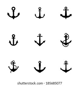 Vector black anchor icons set on white background