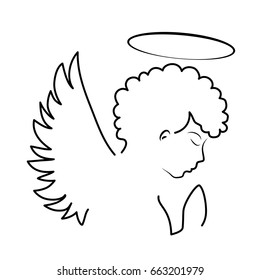 Vector black angel silhouette isolated on white background. Religious symbol. Line sketch. 
