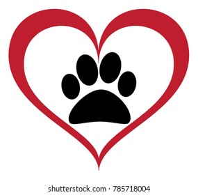 Vector Of A Black Animal Pawprint In A Red Lined Heart On White Background To Be Uses As A Logo Or Illustration