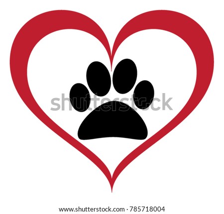Vector of a black animal pawprint in a red lined heart on white background to be uses as a logo or illustration