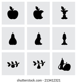 Vector black apple and pear icons set on grey background