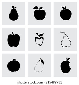 Vector black apple and pear icons set on grey background