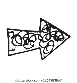 Vector black arrow doodle style isolated on white background. Right pointer hand drawn illustration